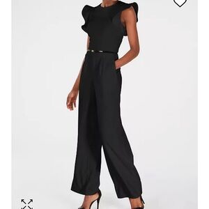 Calvin Klein Belted Ruff Sleeve Elegant Black Jumpsuit size 4 with Pockets